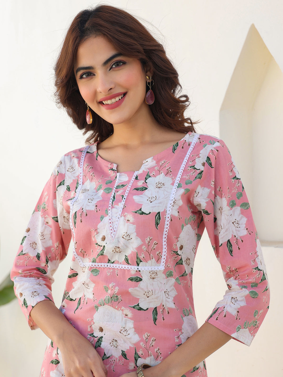 Janasya Women's Pink Pure Cotton Floral Printed Straight Kurta Pant Set