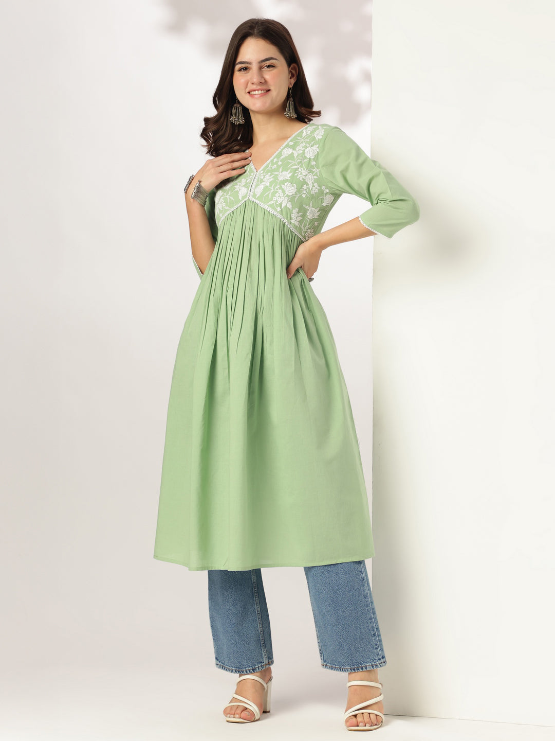 Janasya Women's Light Green Pure Cotton Yoke Embroidered A-line Kurta
