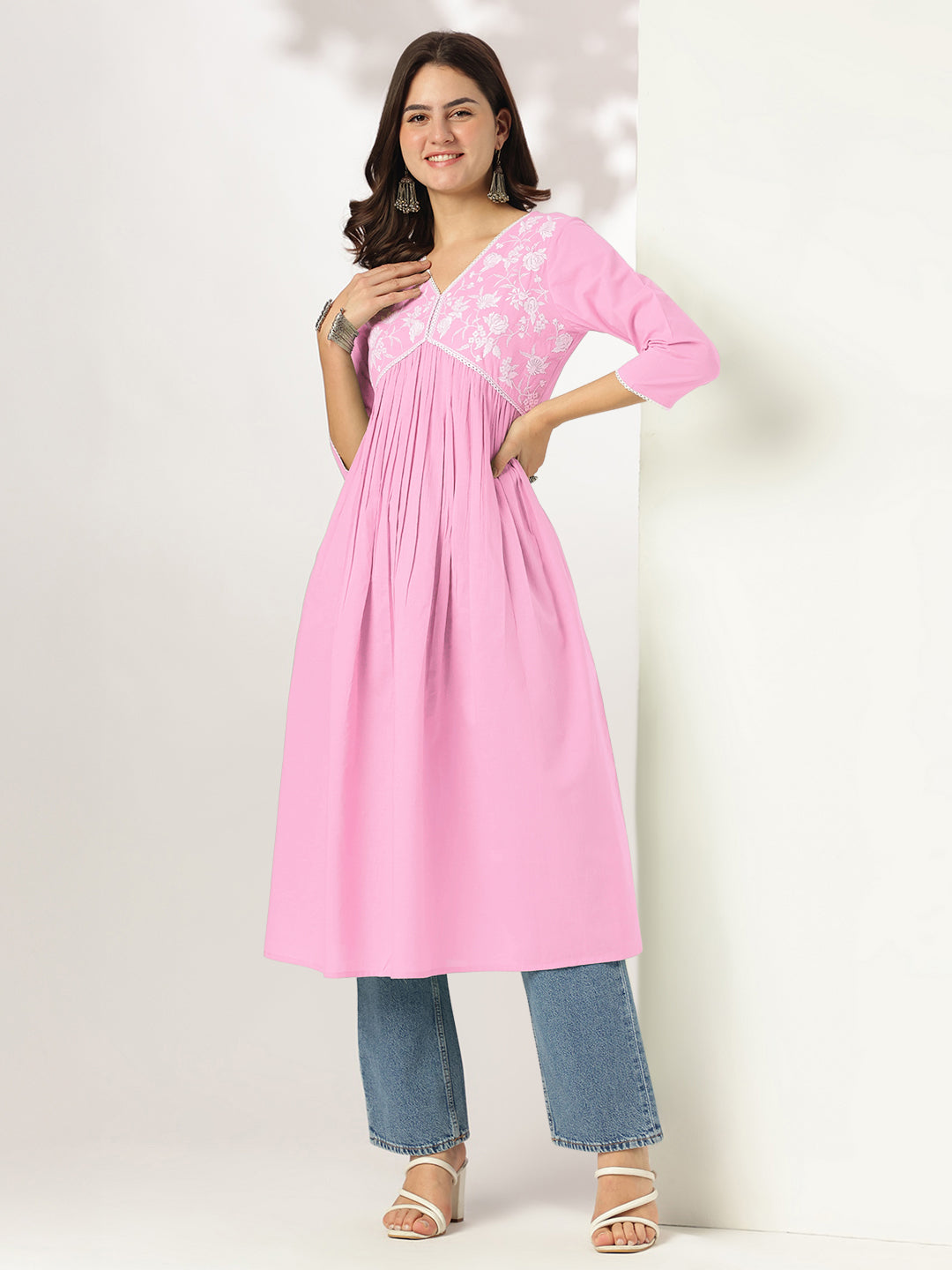 Janasya Women's Light Pink Pure Cotton Yoke Embroidered A-line Kurta