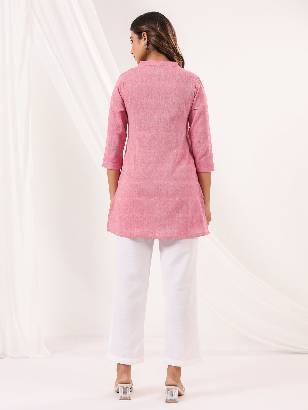 Janasya Women's Pink Cotton Solid Straight Short Kurti