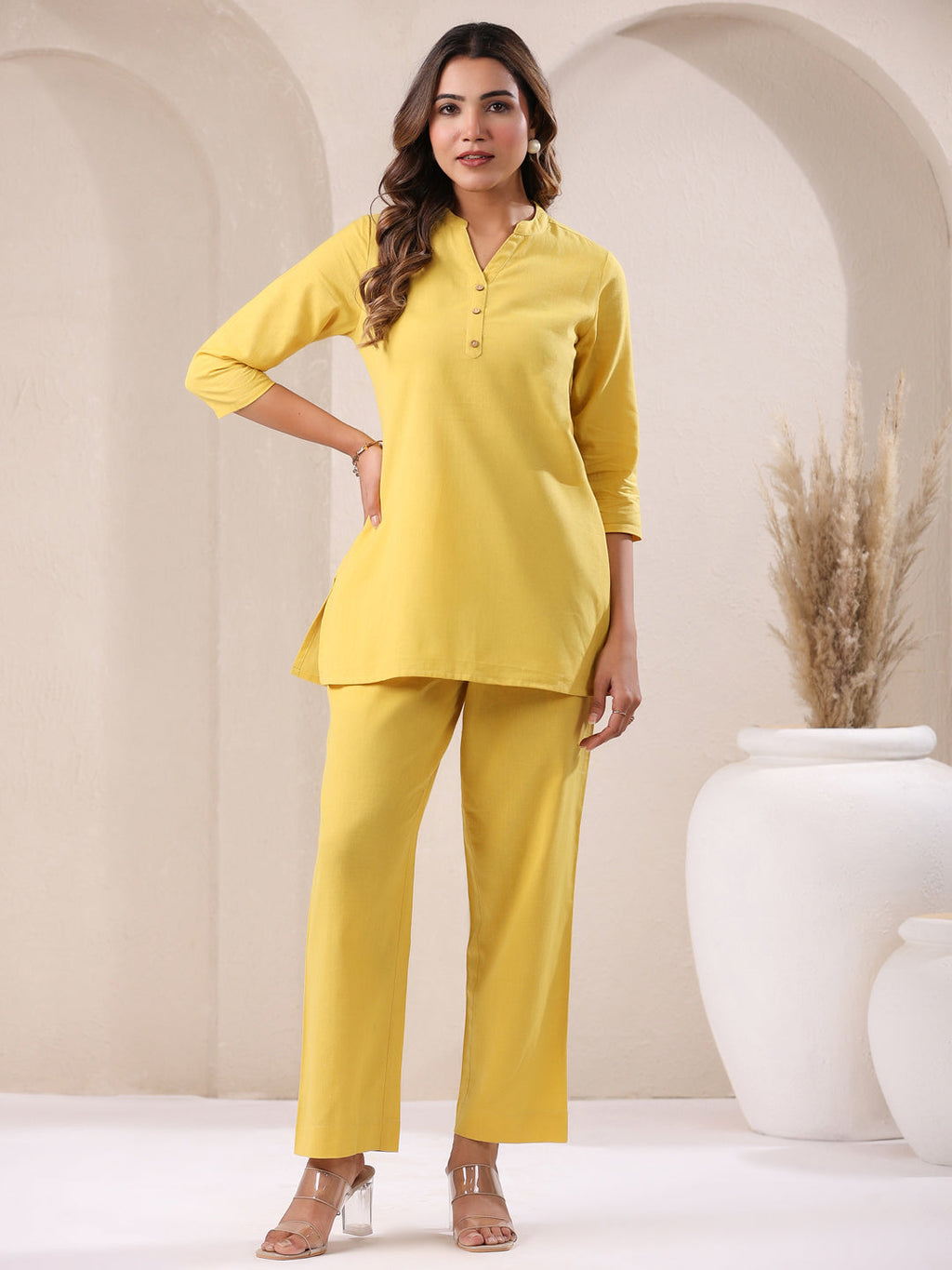 Yellow Cotton Solid Straight Pant