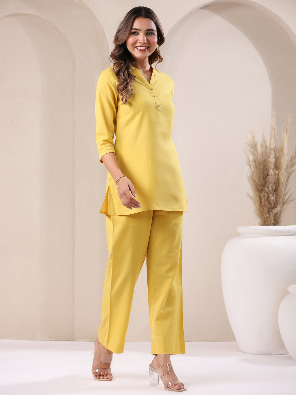 Yellow Cotton Solid Straight Pant