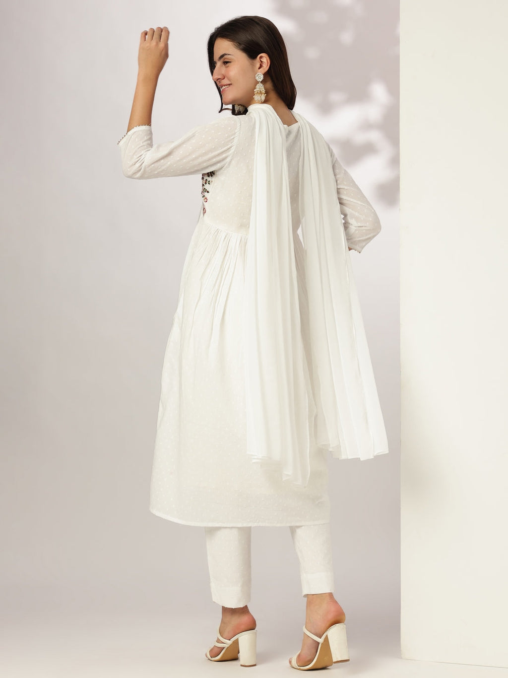 Janasya Women's White Dobby Pure Cotton Embroidered A-line Kurta Set