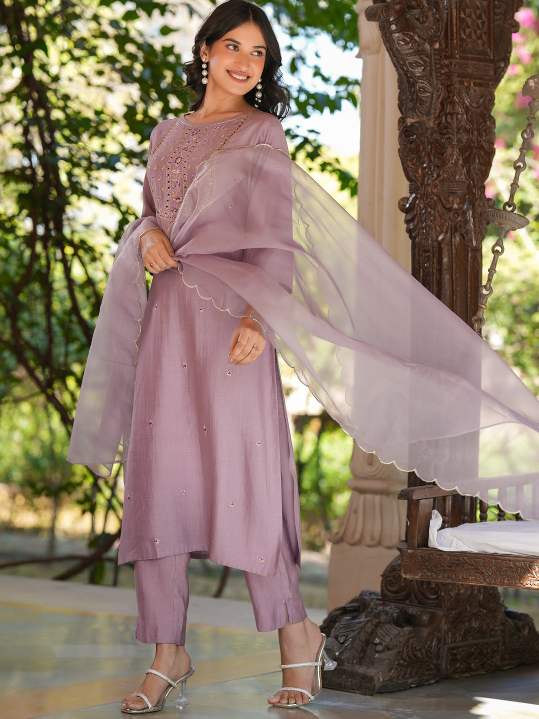 Janasya Women's Lavender Silk Blend Embroidered Straight Kurta Set