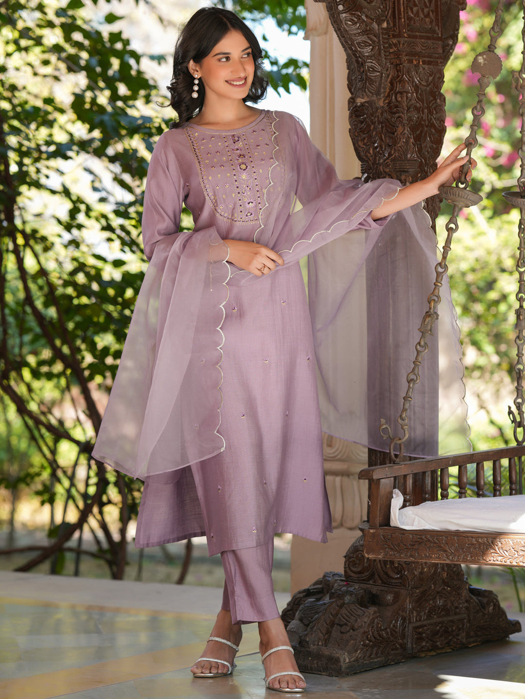 Janasya Women's Lavender Silk Blend Embroidered Straight Kurta Set
