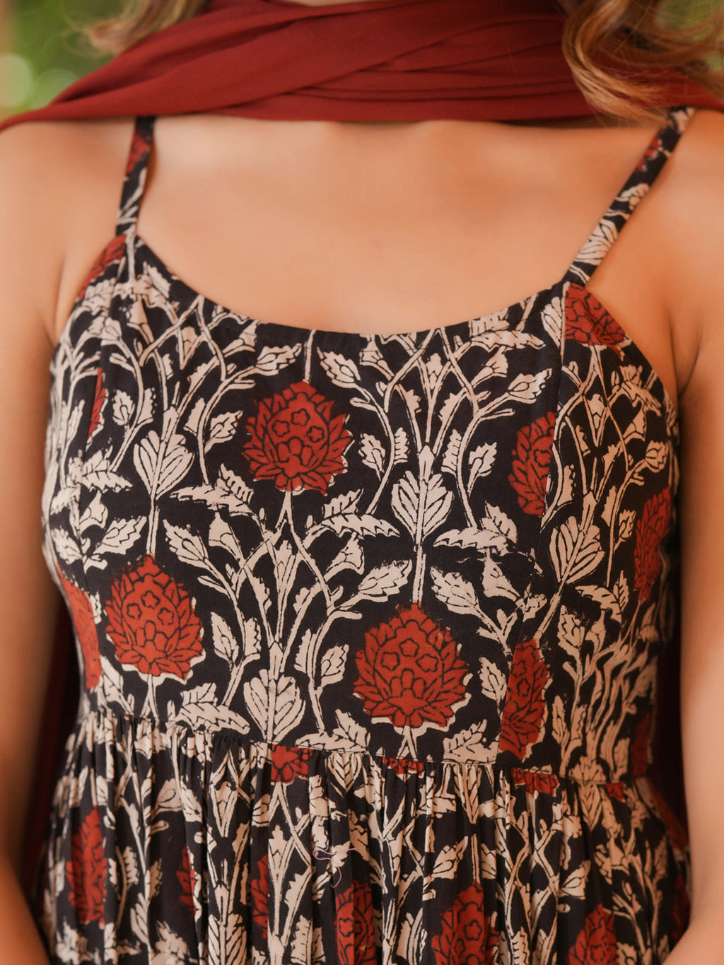 Black Pure Cotton Floral Printed Tiered Kurta Set