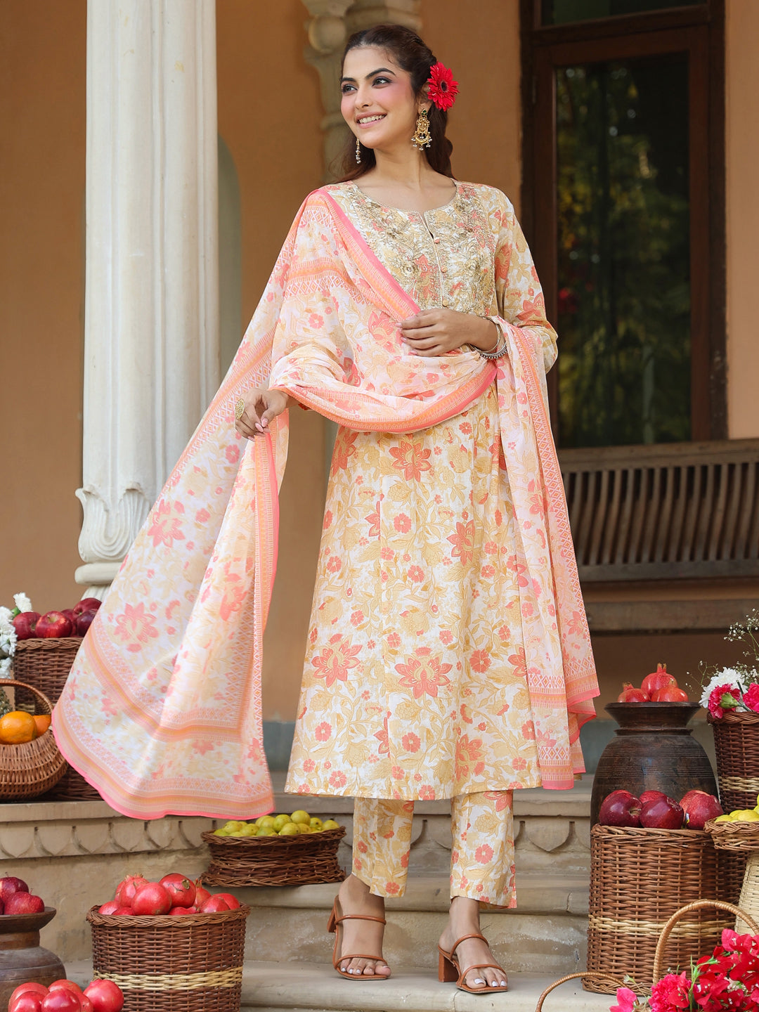 Janasya Women's Cream Pure Cotton Floral Printed Yoke Embroidered A-line Kurta Set
