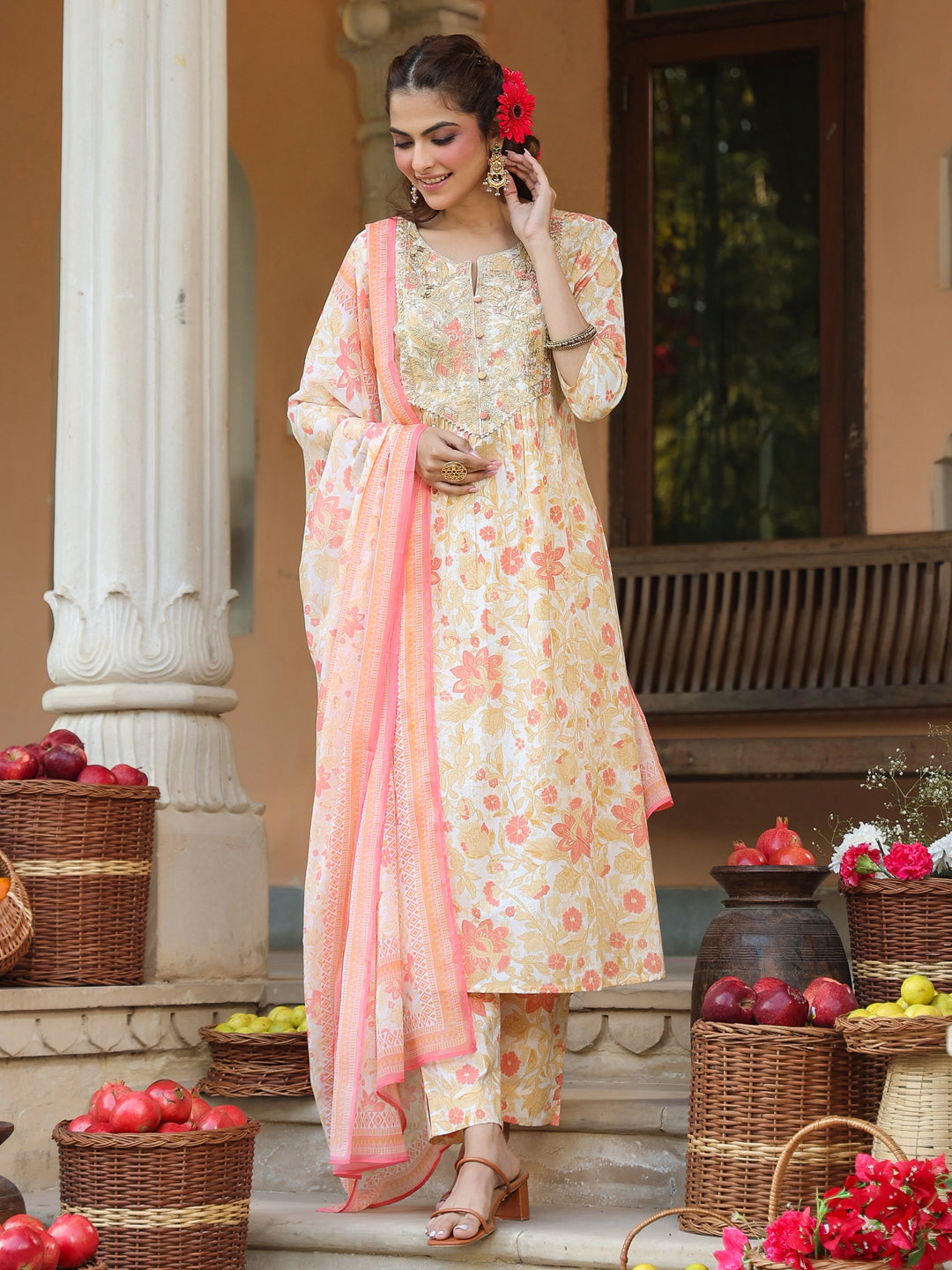 Janasya Women's Cream Pure Cotton Floral Printed Yoke Embroidered A-line Kurta Set