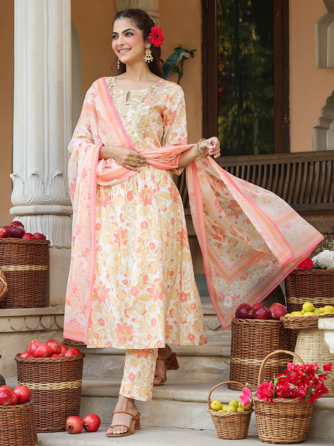 Janasya Women's Cream Pure Cotton Floral Printed Yoke Embroidered A-line Kurta Set