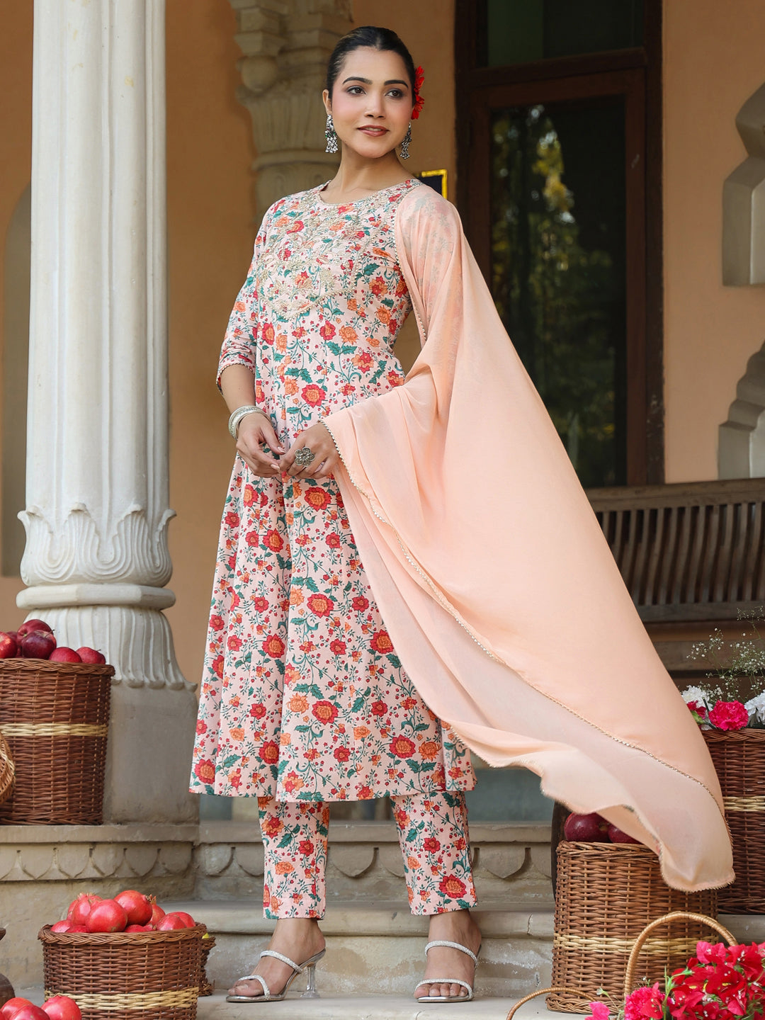 Janasya Women's Peach Pure Cotton Floral Printed Yoke Embroidered Anarkali Kurta Set