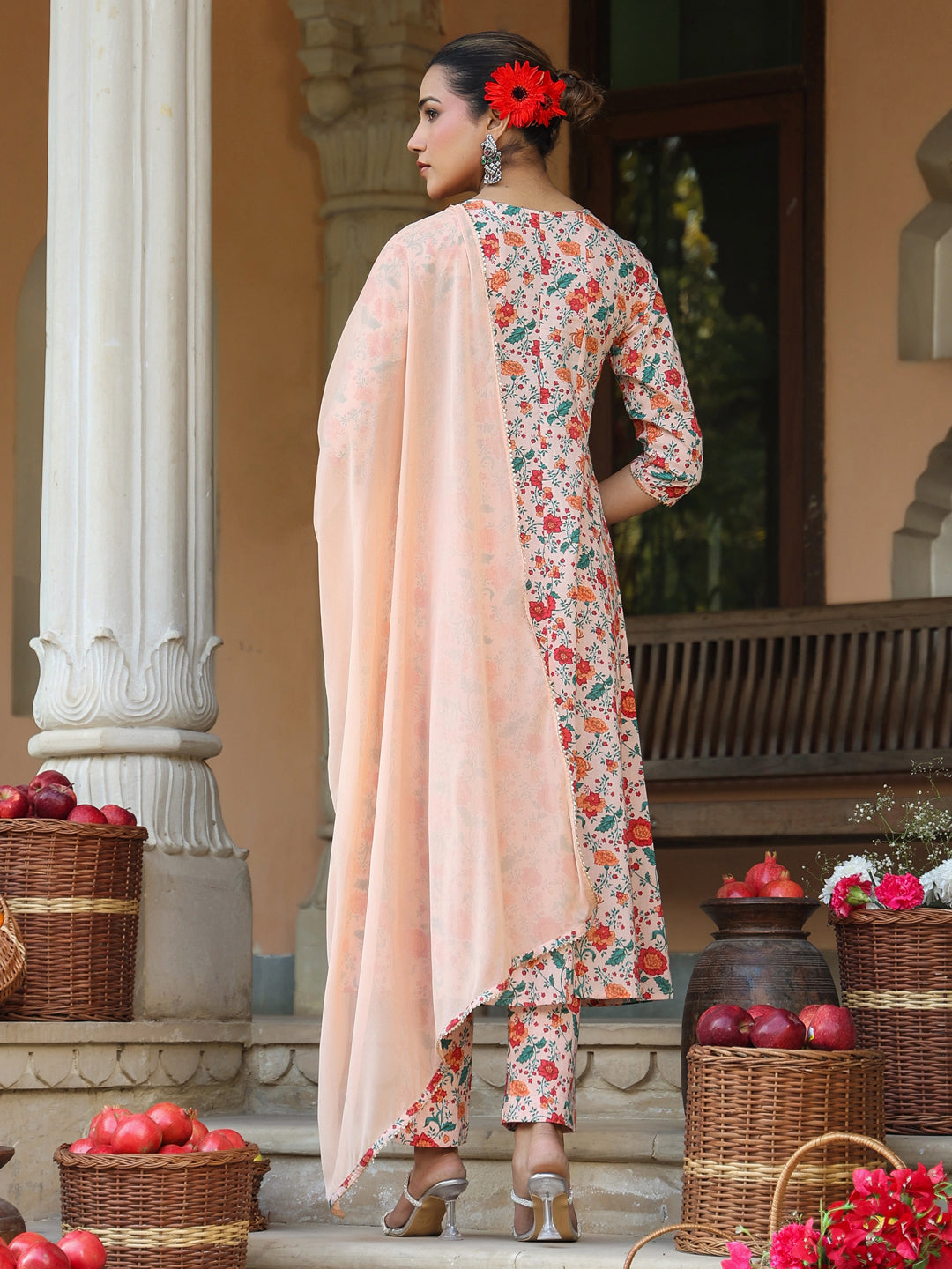 Janasya Women's Peach Pure Cotton Floral Printed Yoke Embroidered Anarkali Kurta Set
