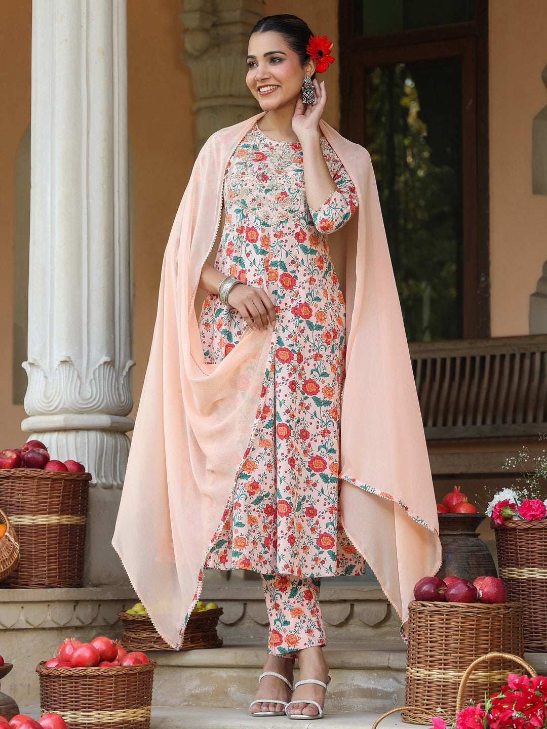 Janasya Women's Peach Pure Cotton Floral Printed Yoke Embroidered Anarkali Kurta Set