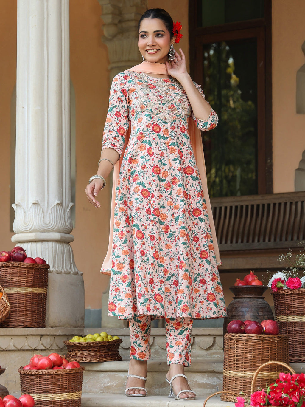 Janasya Women's Peach Pure Cotton Floral Printed Yoke Embroidered Anarkali Kurta Set