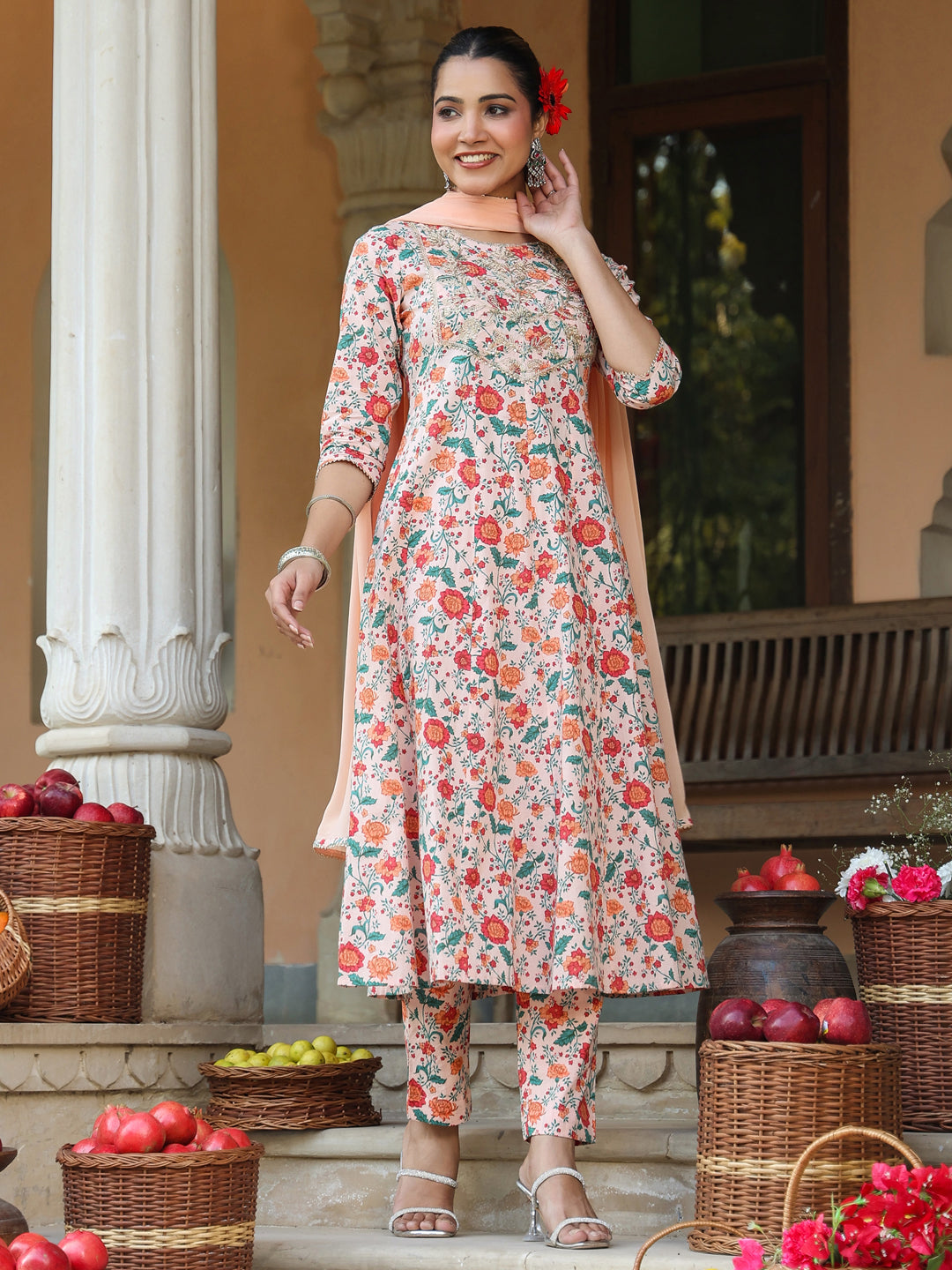 Janasya Women's Peach Pure Cotton Floral Printed Yoke Embroidered Anarkali Kurta Set