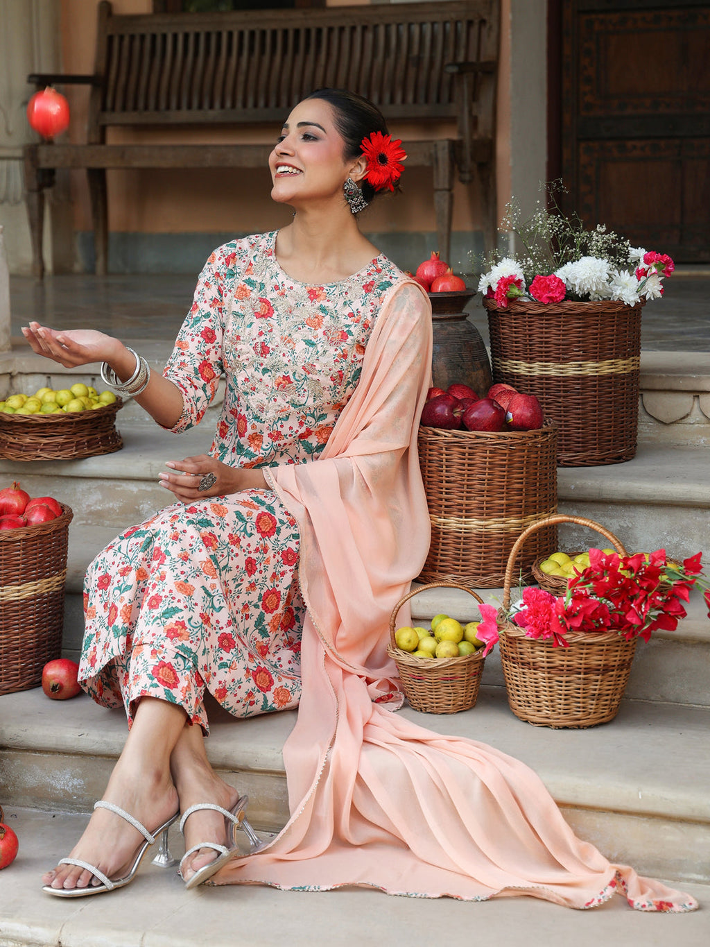 Janasya Women's Peach Pure Cotton Floral Printed Yoke Embroidered Anarkali Kurta Set