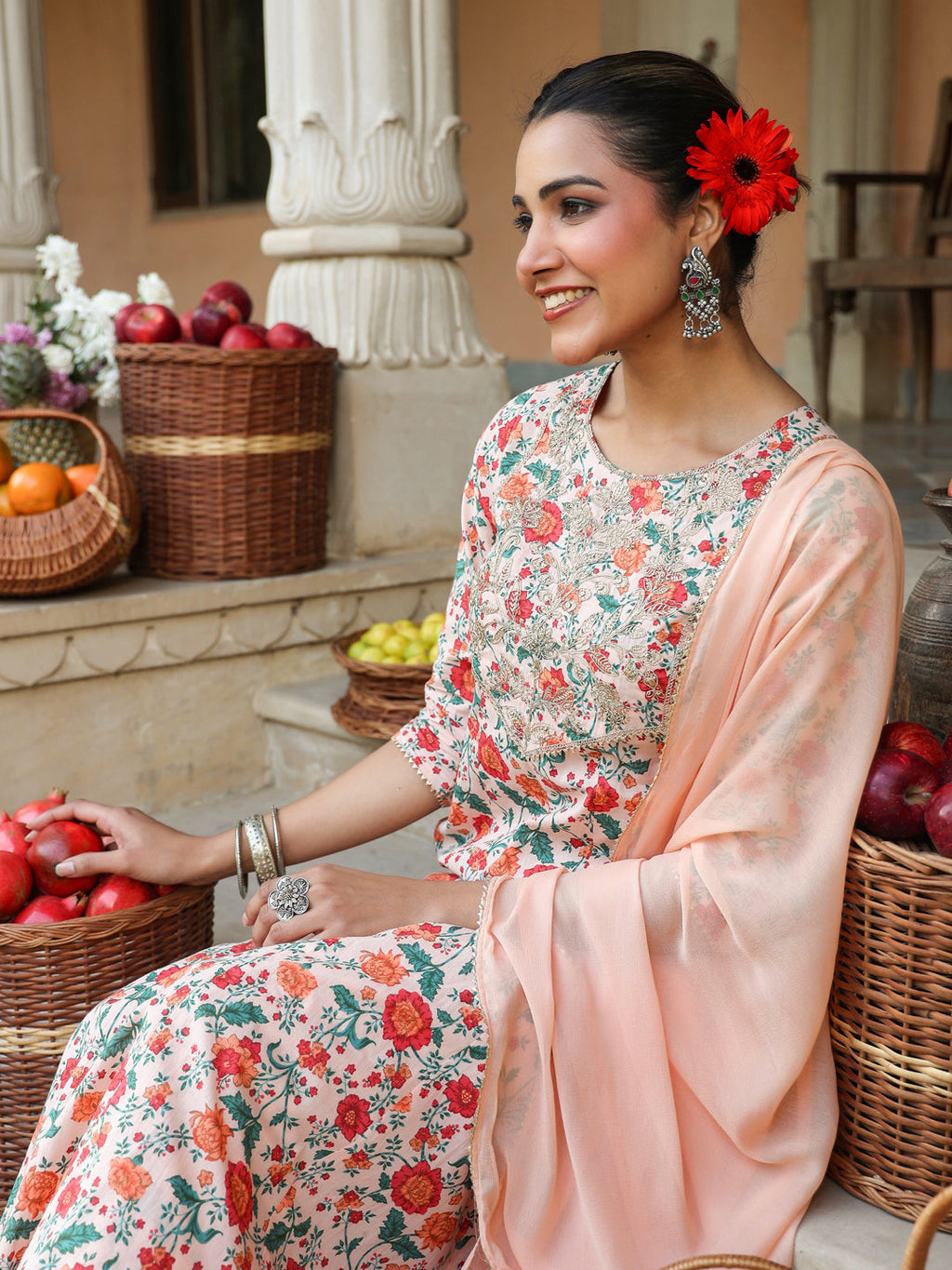 Janasya Women's Peach Pure Cotton Floral Printed Yoke Embroidered Anarkali Kurta Set