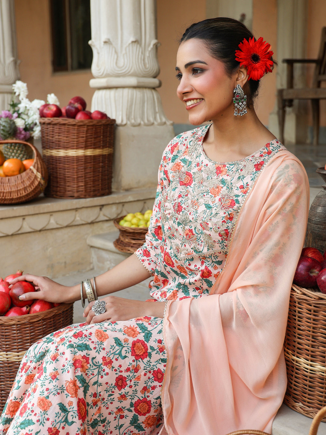 Janasya Women's Peach Pure Cotton Floral Printed Yoke Embroidered Anarkali Kurta Set
