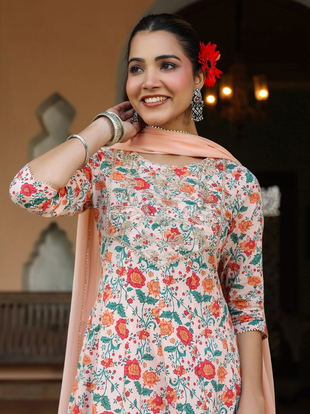 Janasya Women's Peach Pure Cotton Floral Printed Yoke Embroidered Anarkali Kurta Set