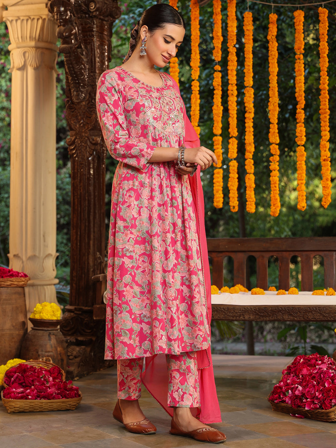 Janasya Women's Pink Pure Cotton Yoke Embroidered Floral Printed A-line Kurta Set