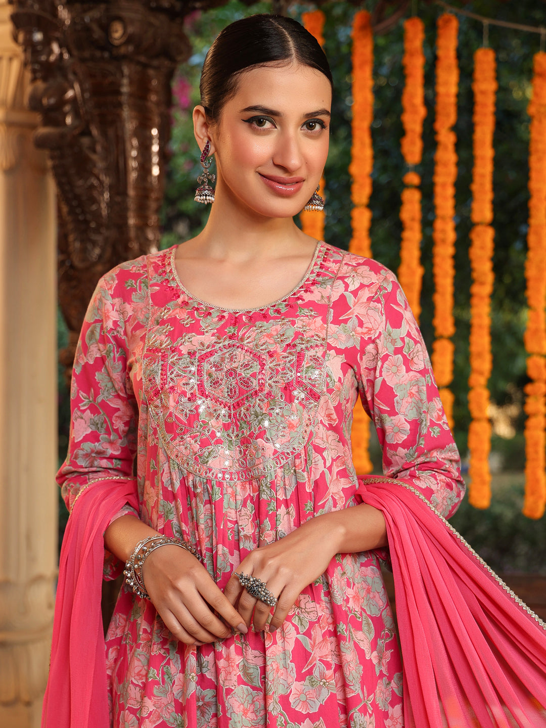 Janasya Women's Pink Pure Cotton Yoke Embroidered Floral Printed A-line Kurta Set