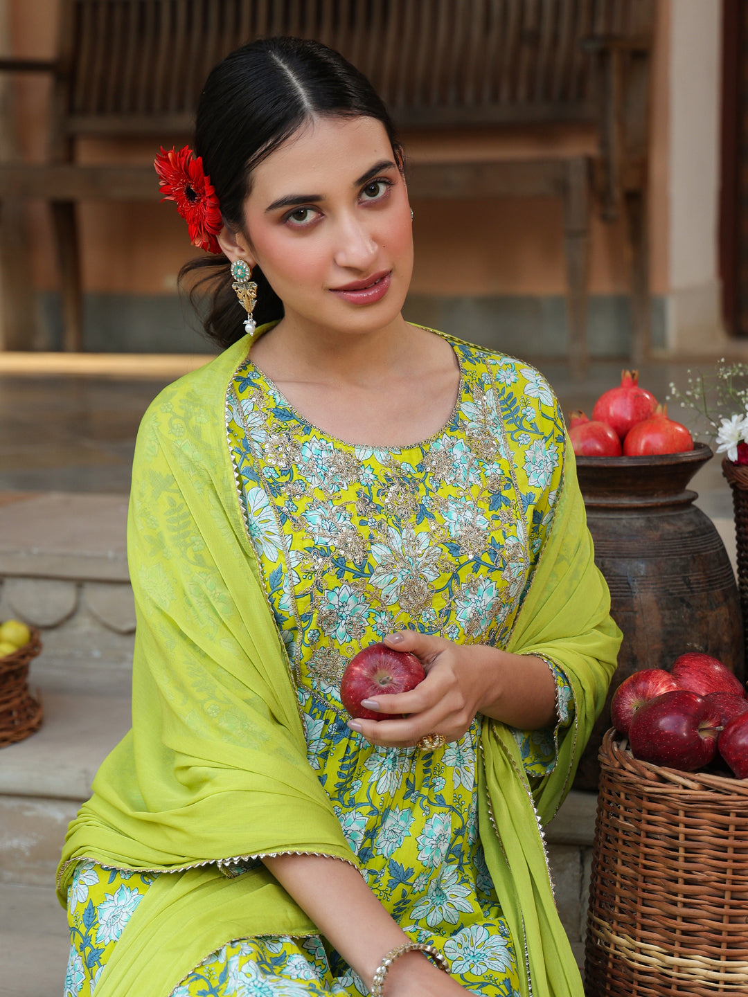 Janasya Women's Lime Green Pure Cotton Floral Printed Yoke Design A-line Kurta Set