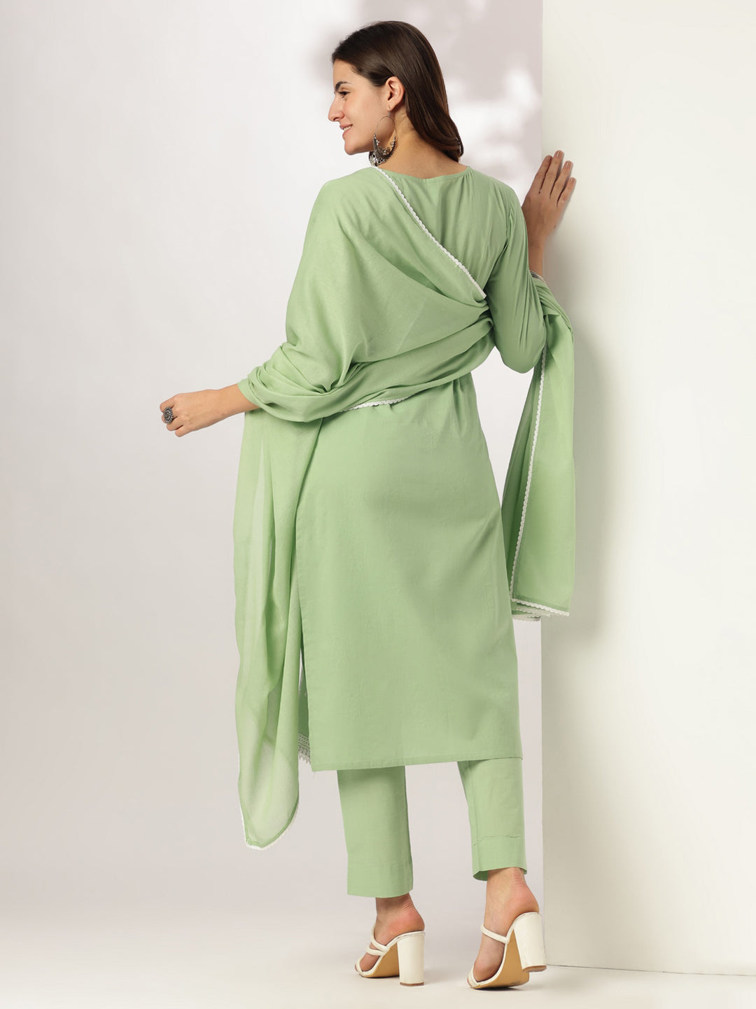 Janasya Women's Light Green Pure Cotton Embroidered Straight Kurta Set