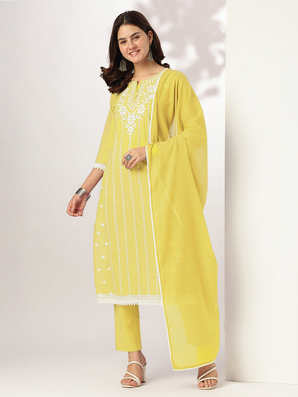 Janasya Women's Yellow Pure Cotton Embroidered Straight Kurta Set
