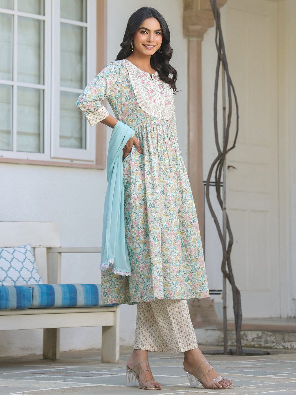 Off White Pure Cotton Yoke Embroidered Floral Printed A-line Kurta Set