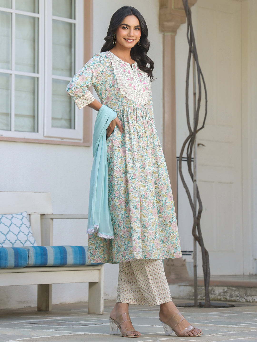 Off White Pure Cotton Yoke Embroidered Floral Printed A-line Kurta Set
