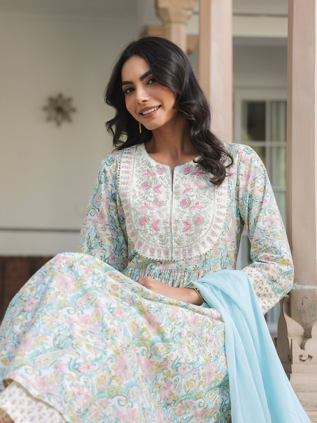 Off White Pure Cotton Yoke Embroidered Floral Printed A-line Kurta Set
