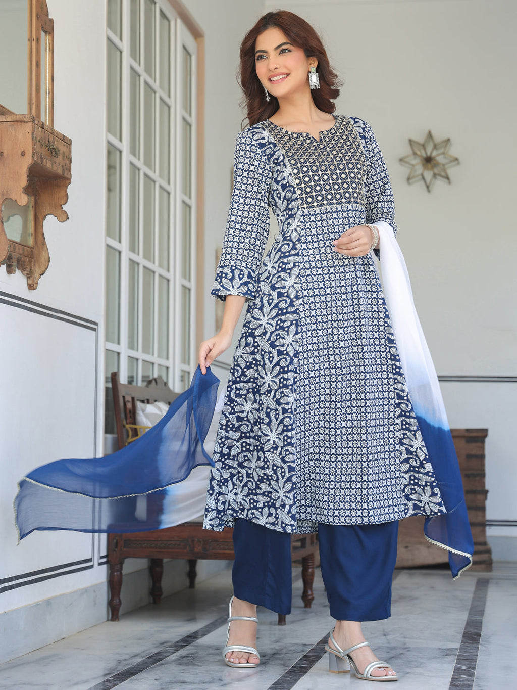 Navy Blue Rayon Floral Printed With Mirror Work A-line Kurta Set