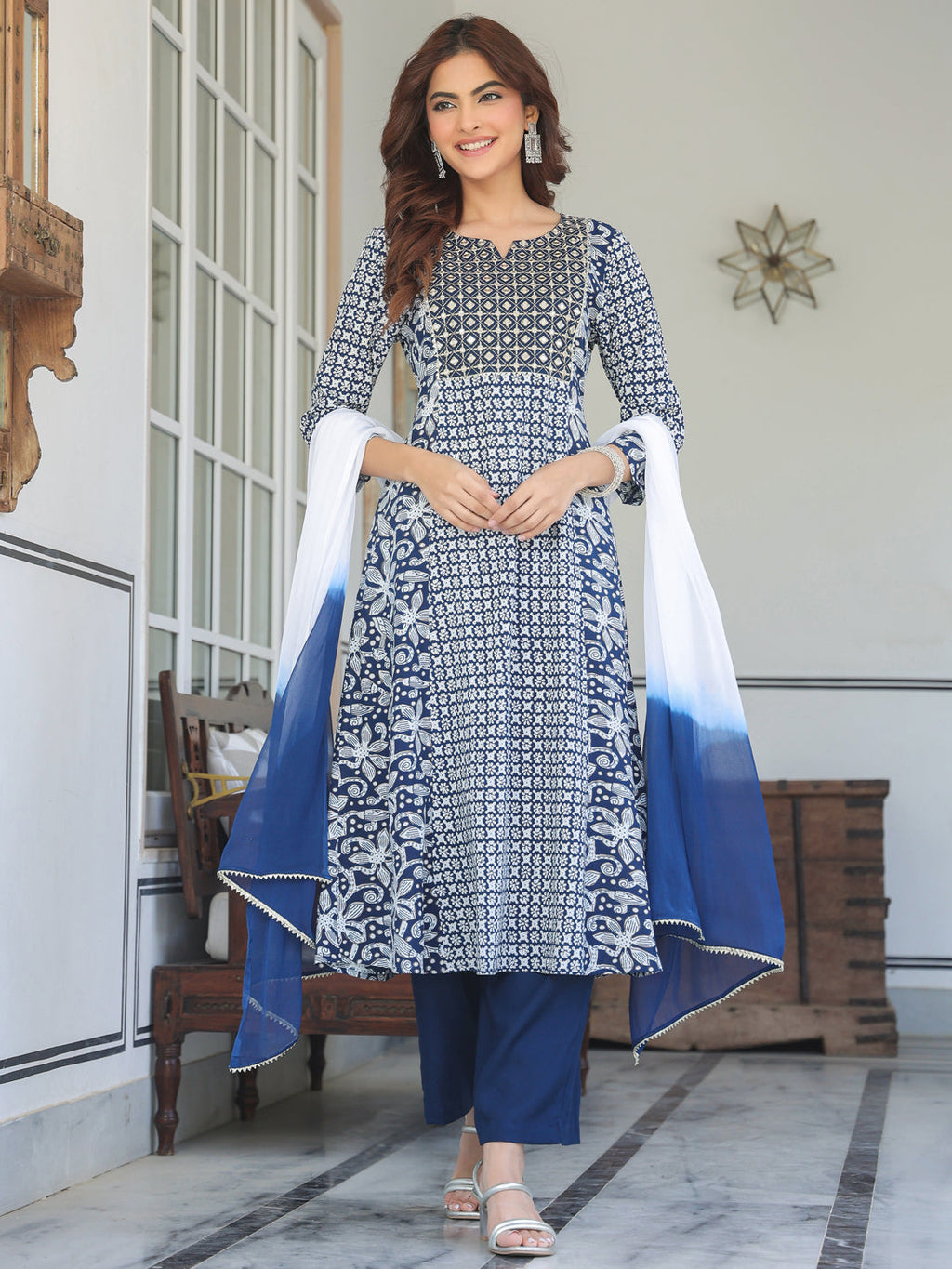 Navy Blue Rayon Floral Printed With Mirror Work A-line Kurta Set