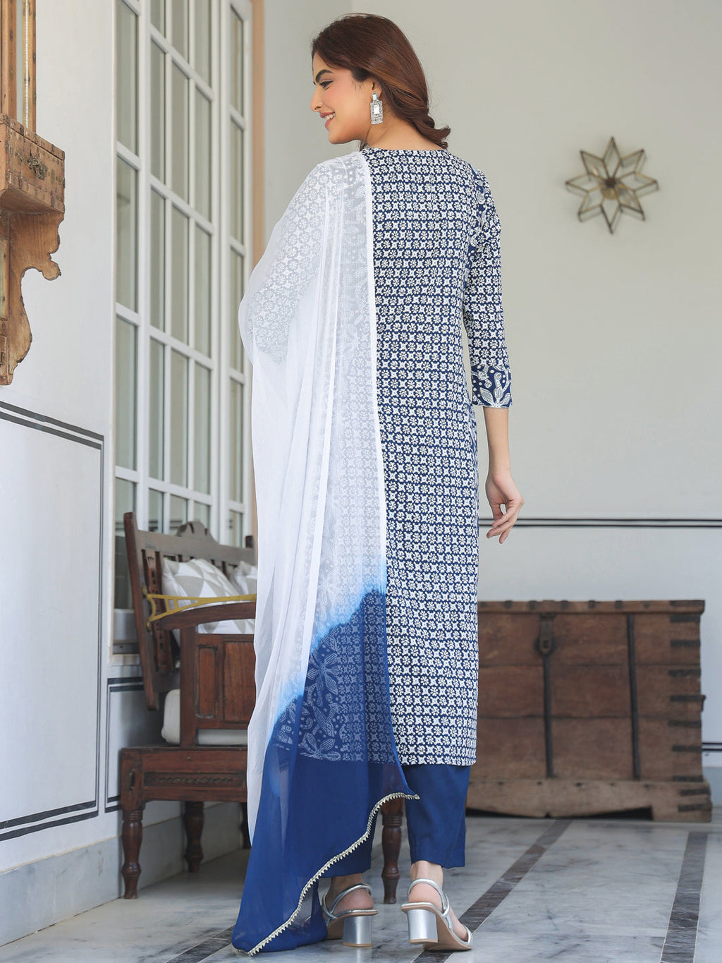 Navy Blue Rayon Floral Printed With Mirror Work A-line Kurta Set