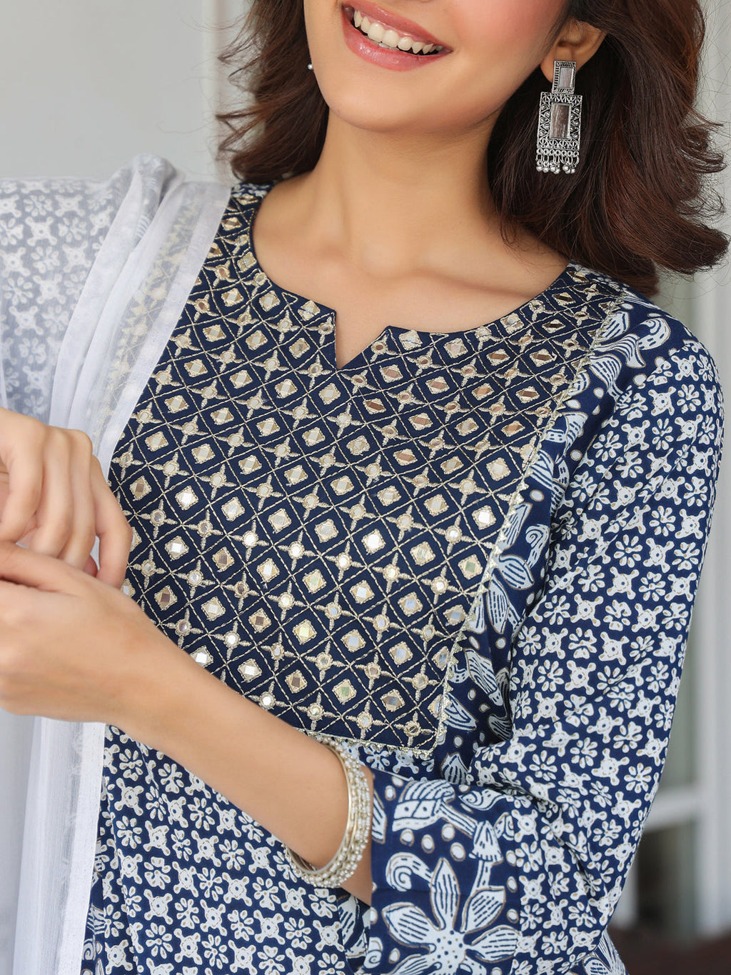 Navy Blue Rayon Floral Printed With Mirror Work A-line Kurta Set