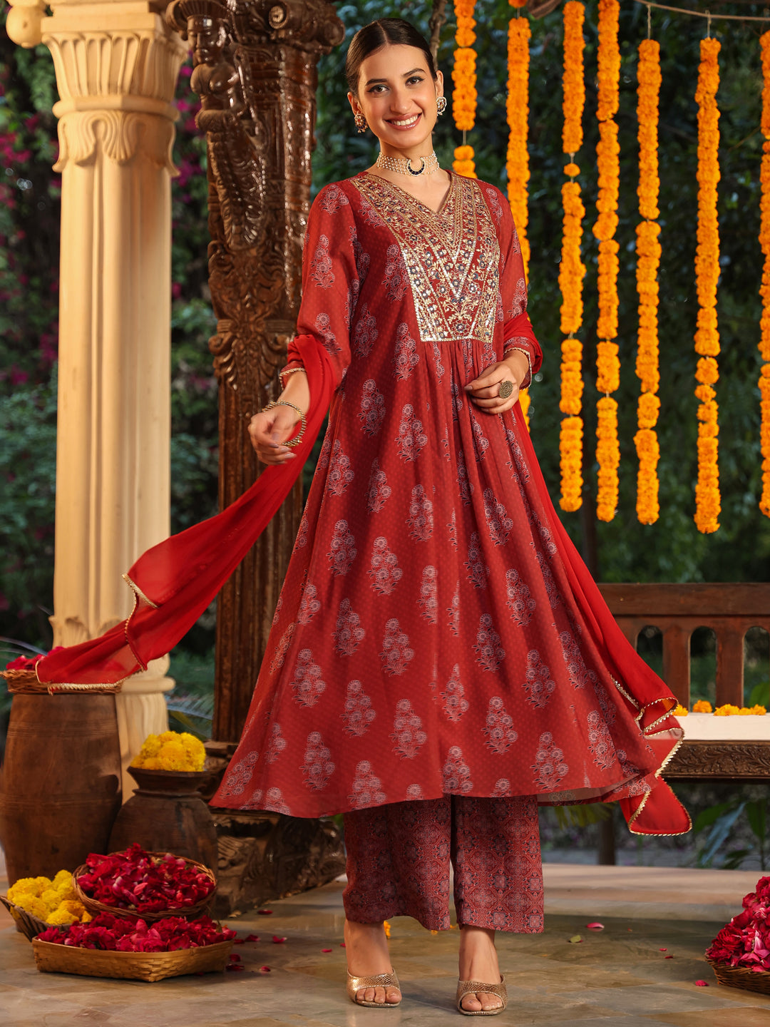 Janasya Women's Maroon Georgette Yoke Embroidered Ajrakh Printed A line Kurta Set