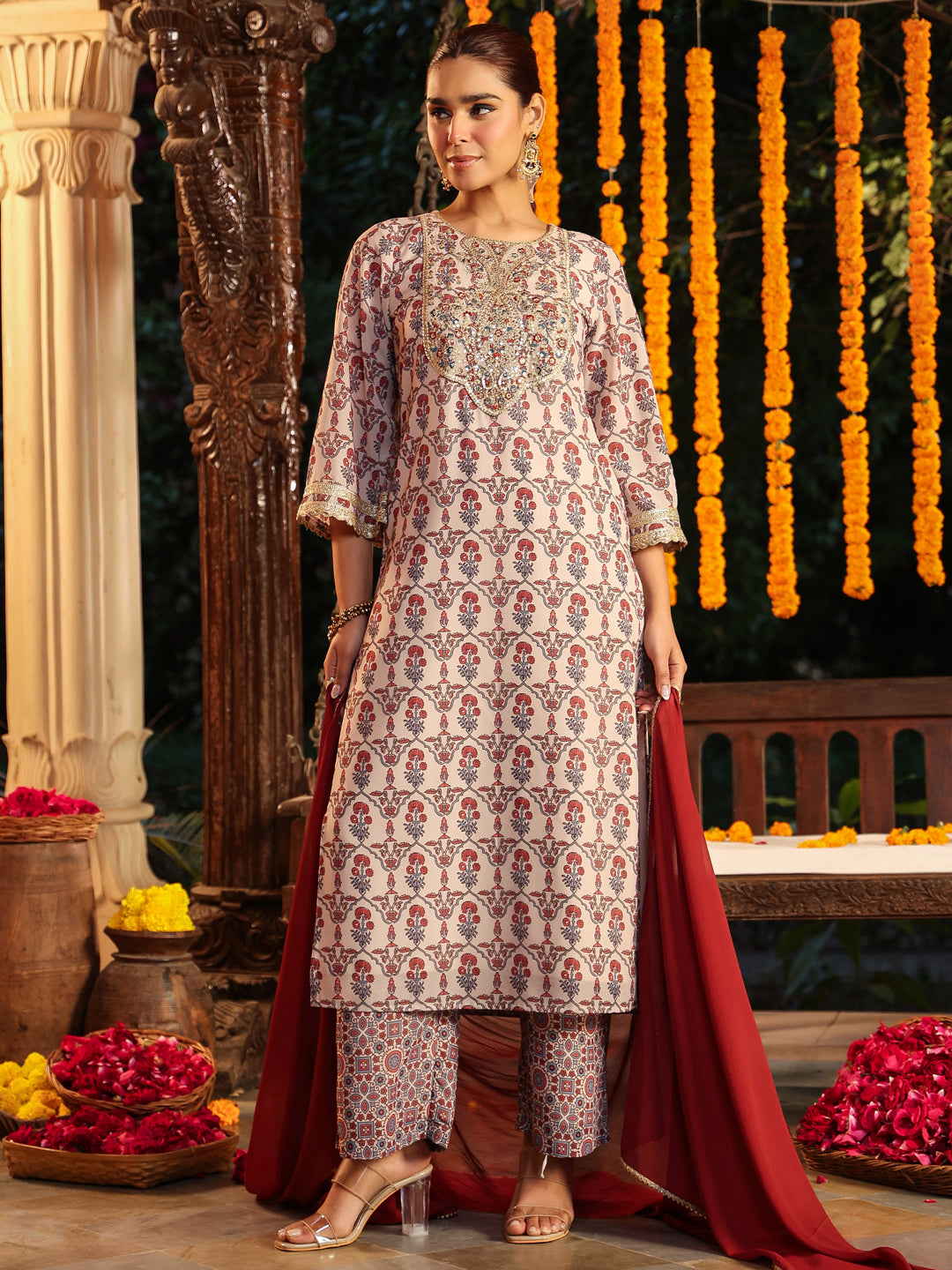 Janasya Women's Cream Georgette Yoke Zari Embroidered Ajarakh Printed Straight Kurta Set