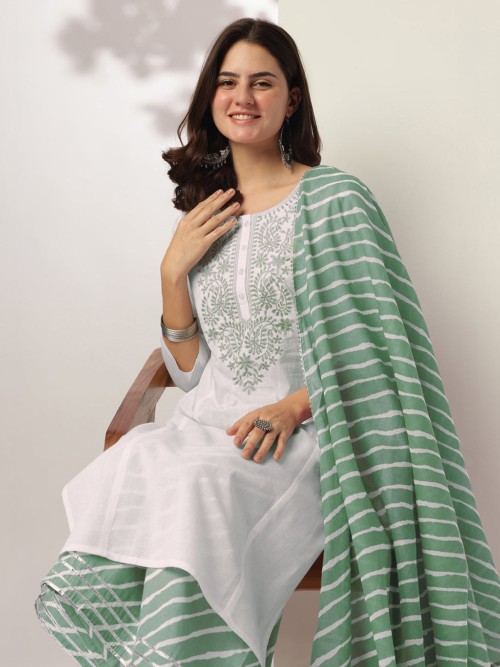 White & Sage Green Pure Cotton Yoke Embroidered Straight Kurta Set