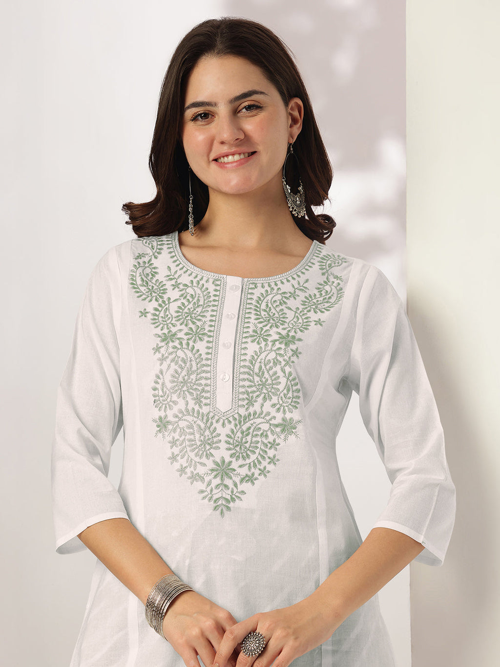 White & Sage Green Pure Cotton Yoke Embroidered Straight Kurta Set