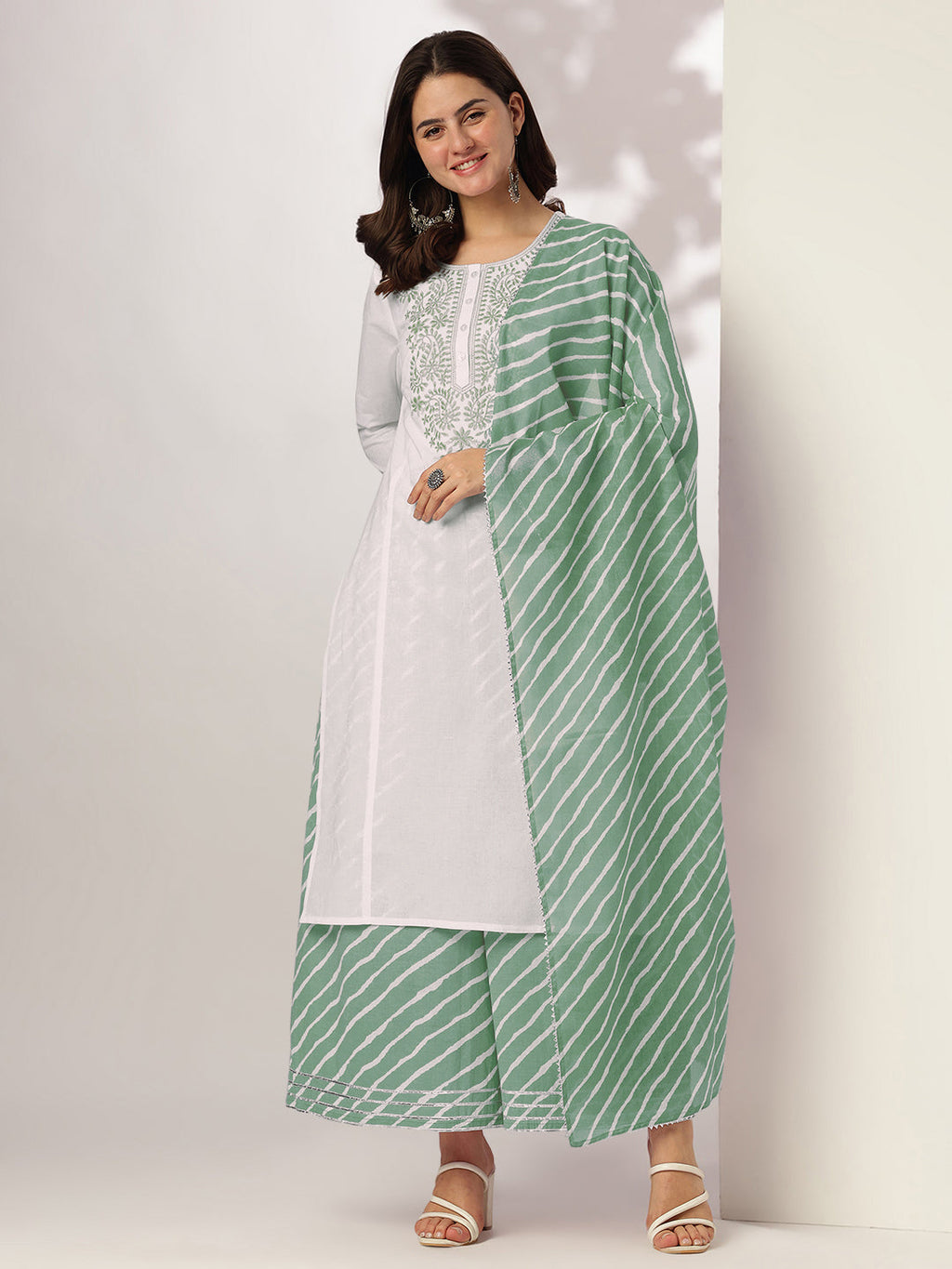 White & Sage Green Pure Cotton Yoke Embroidered Straight Kurta Set