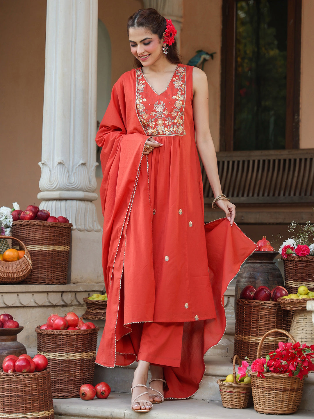 Janasya Women's Rust Pure Cotton Embroidered A-line Kurta Set