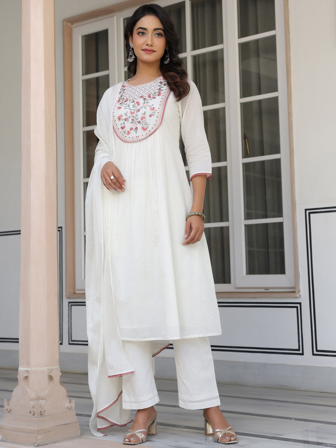 Janasya Women's Off White Pure Cotton Yoke Embroidered A line Kurta Set