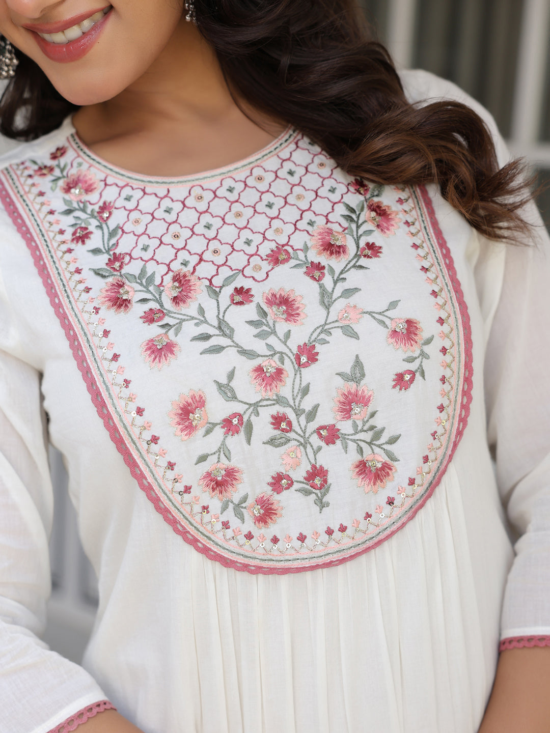 Janasya Women's Off White Pure Cotton Yoke Embroidered A line Kurta Set