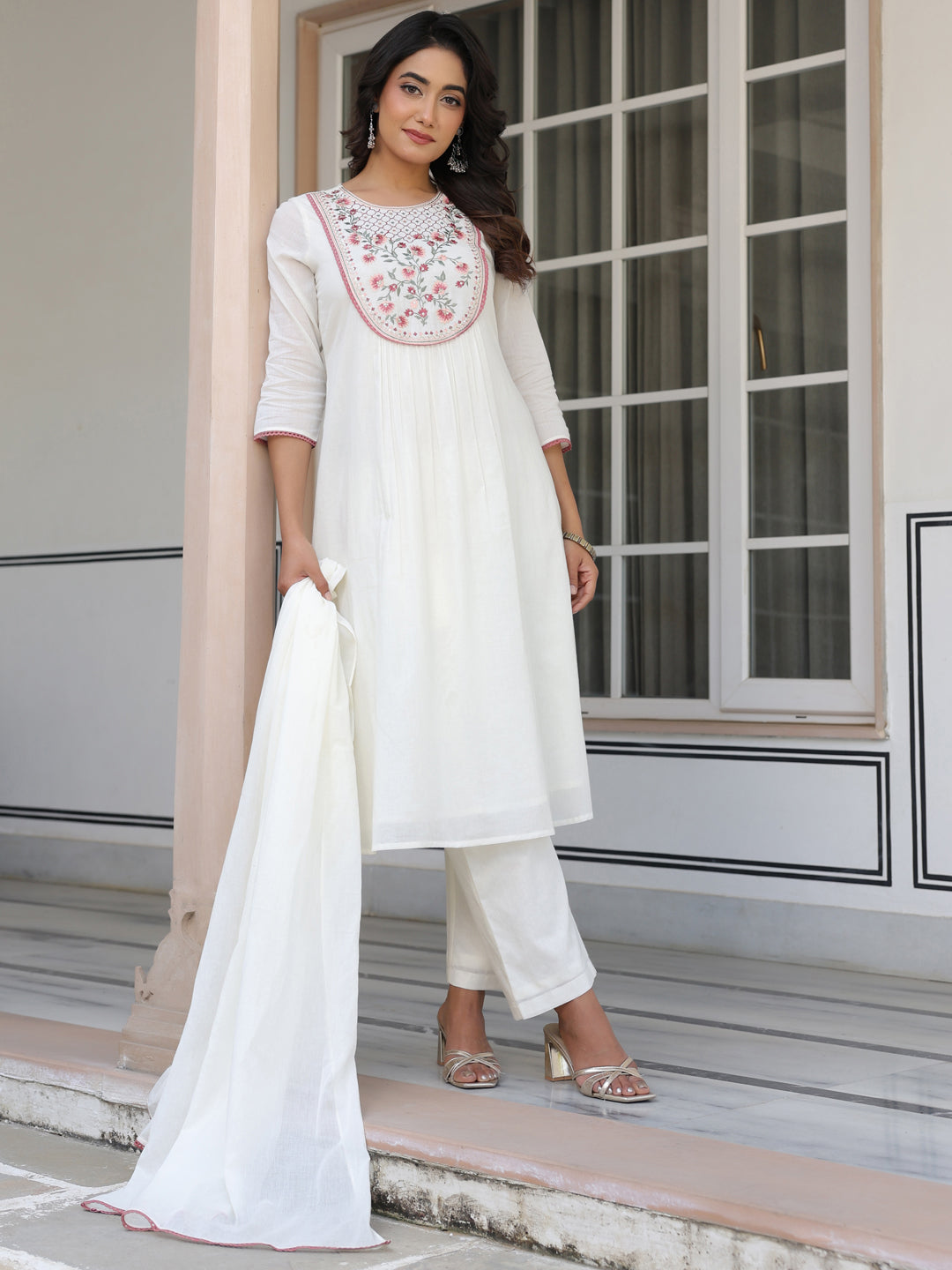 Janasya Women's Off White Pure Cotton Yoke Embroidered A line Kurta Set