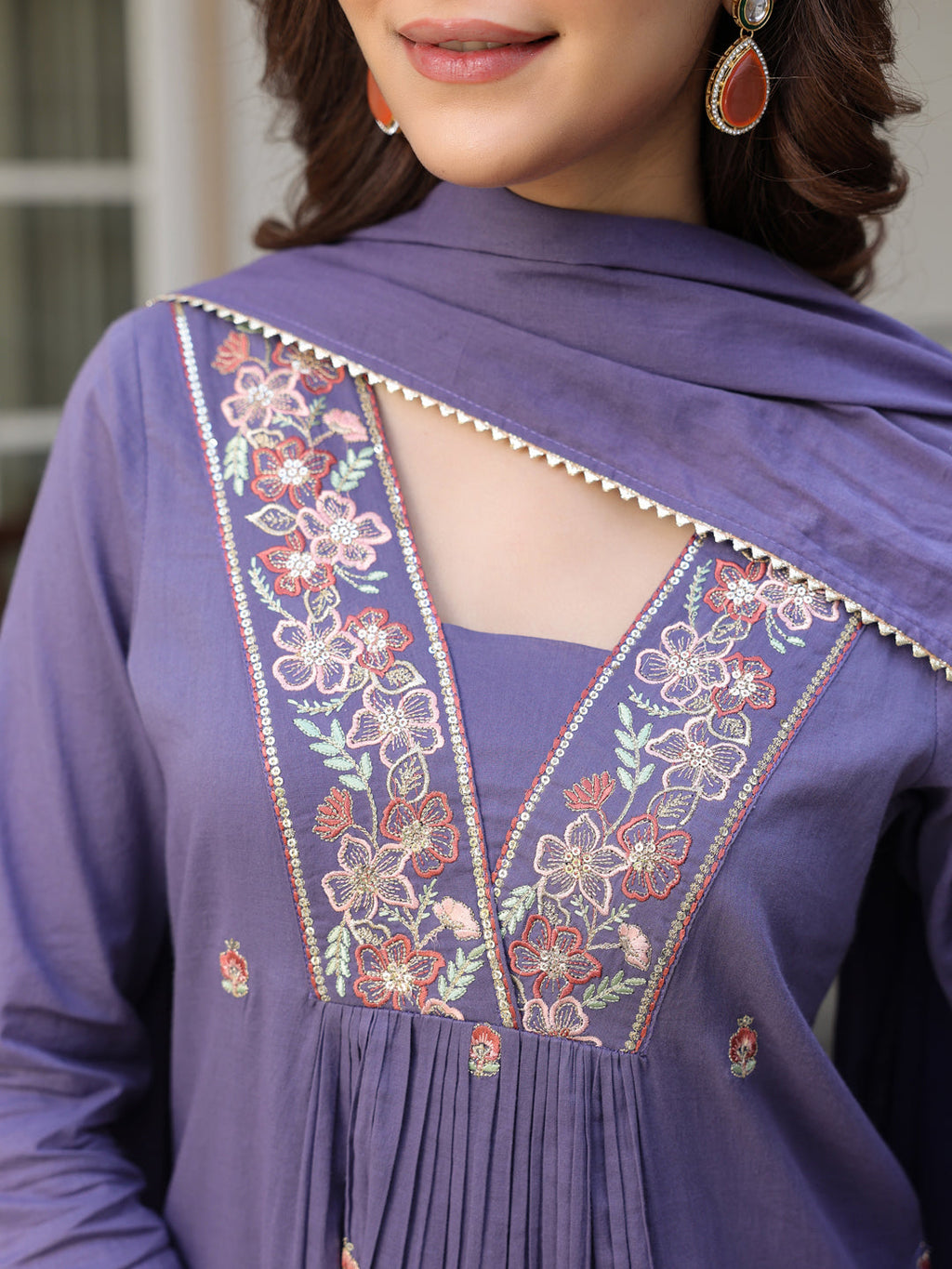 Janasya Women's Purple Pure Cotton Embroidered A-line Kurta Set