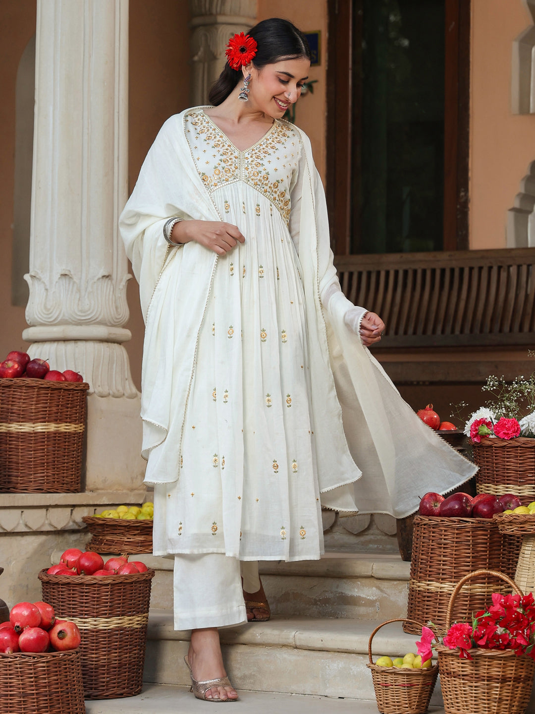 Janasya Women's Off White Pure Cotton Embroidered A-line Kurta Set