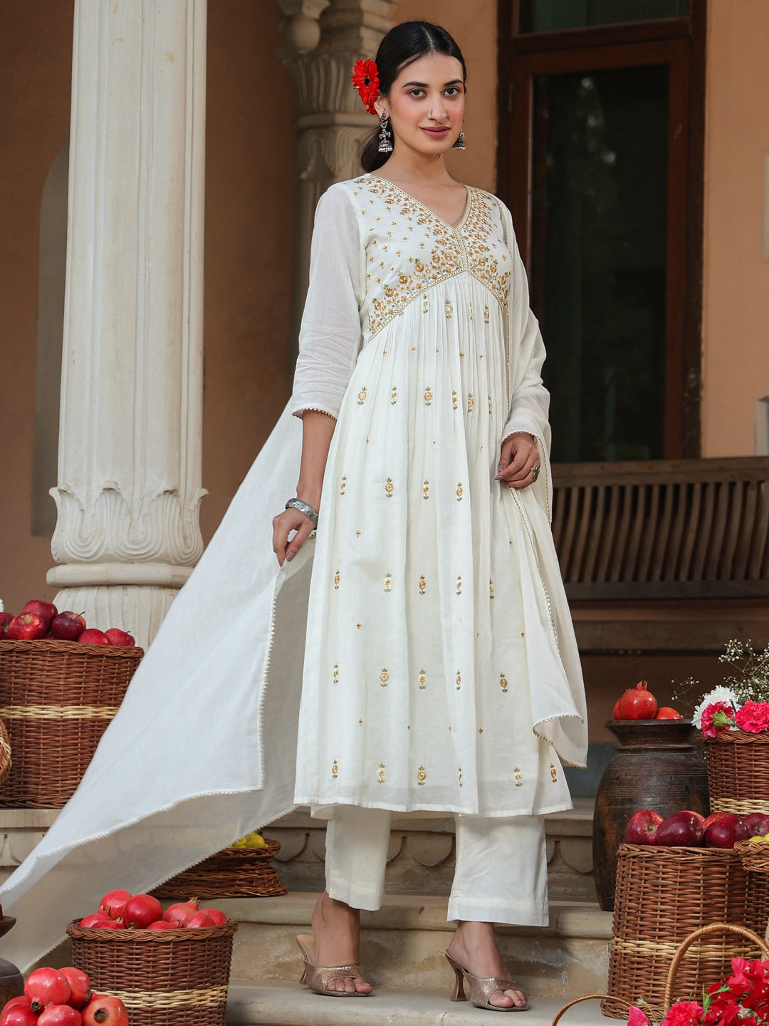 Janasya Women's Off White Pure Cotton Embroidered A-line Kurta Set
