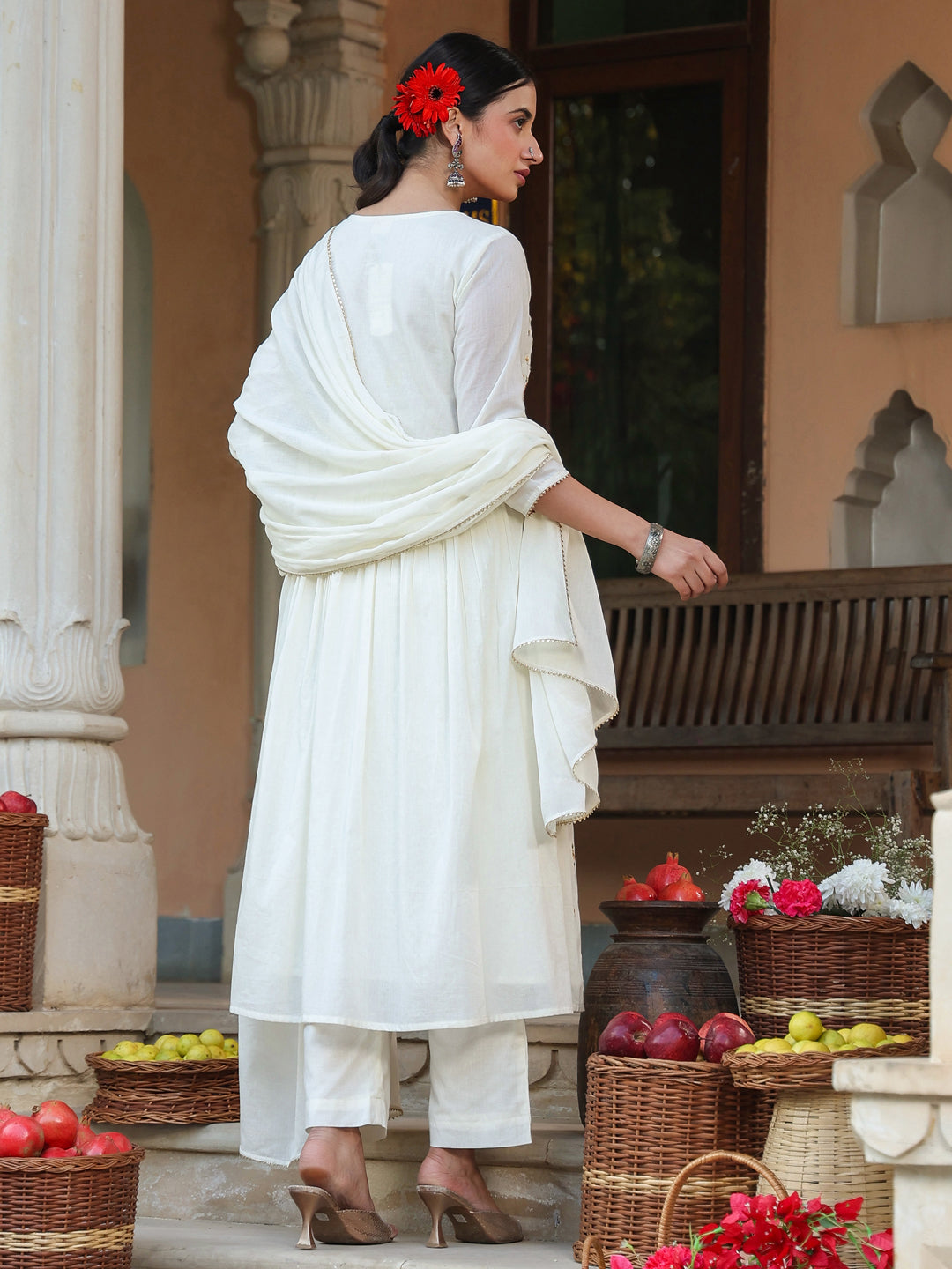 Janasya Women's Off White Pure Cotton Embroidered A-line Kurta Set