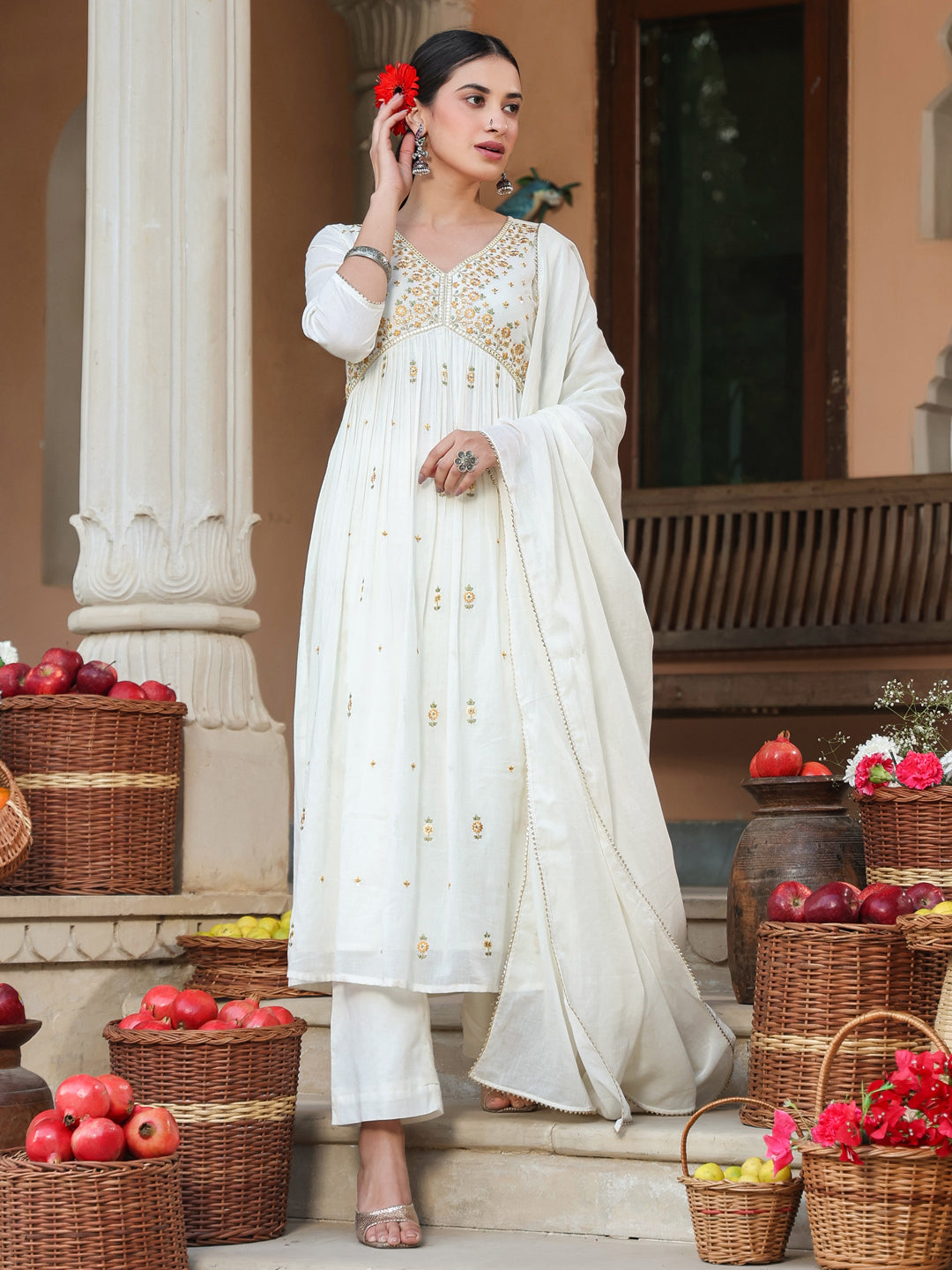 Janasya Women's Off White Pure Cotton Embroidered A-line Kurta Set