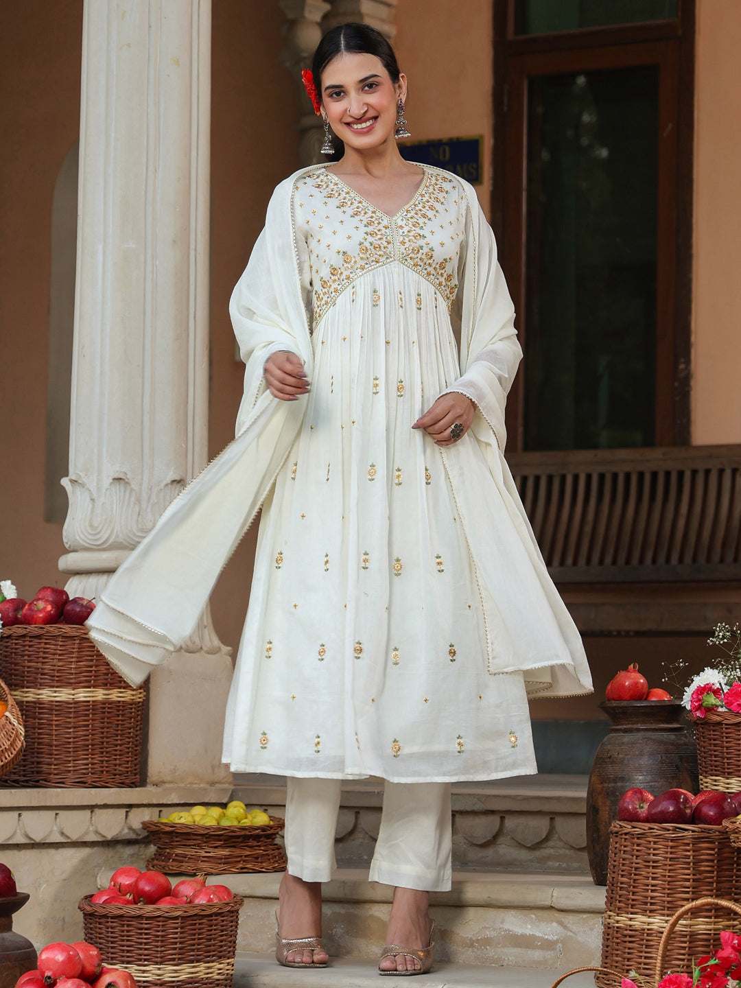 Janasya Women's Off White Pure Cotton Embroidered A-line Kurta Set