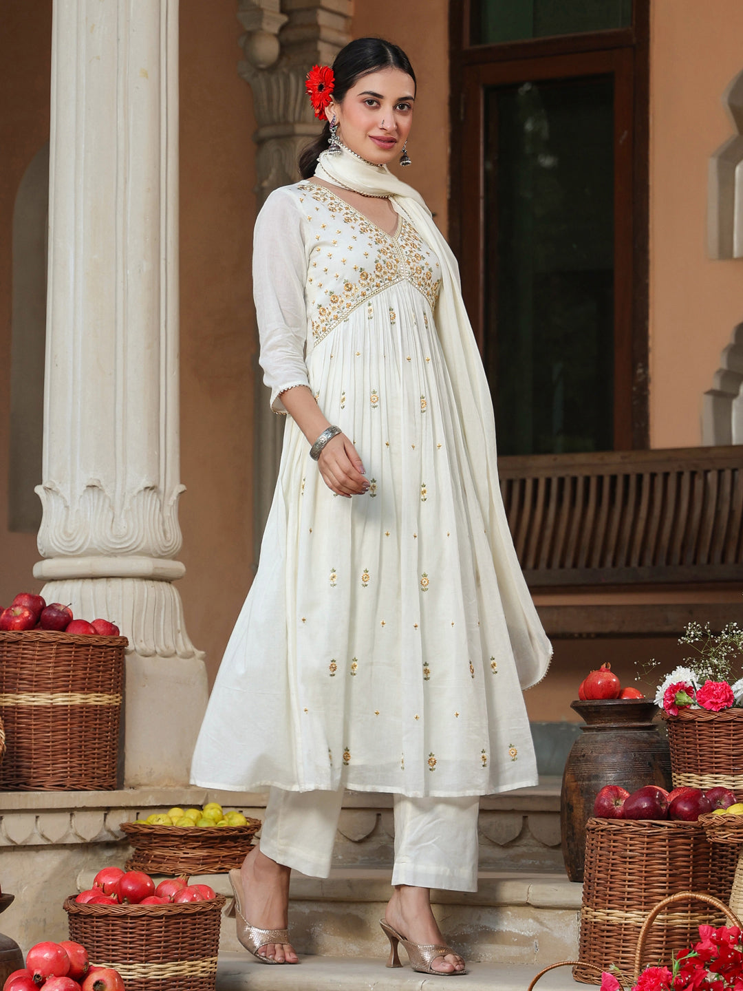 Janasya Women's Off White Pure Cotton Embroidered A-line Kurta Set